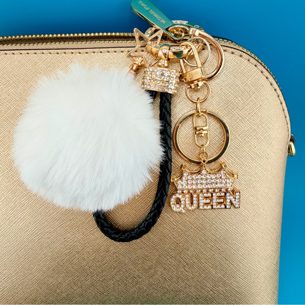 👑 QUEEN + CROWN Designer-Inspired Rhinestone Embellished Keychain/Bag Charm Gold